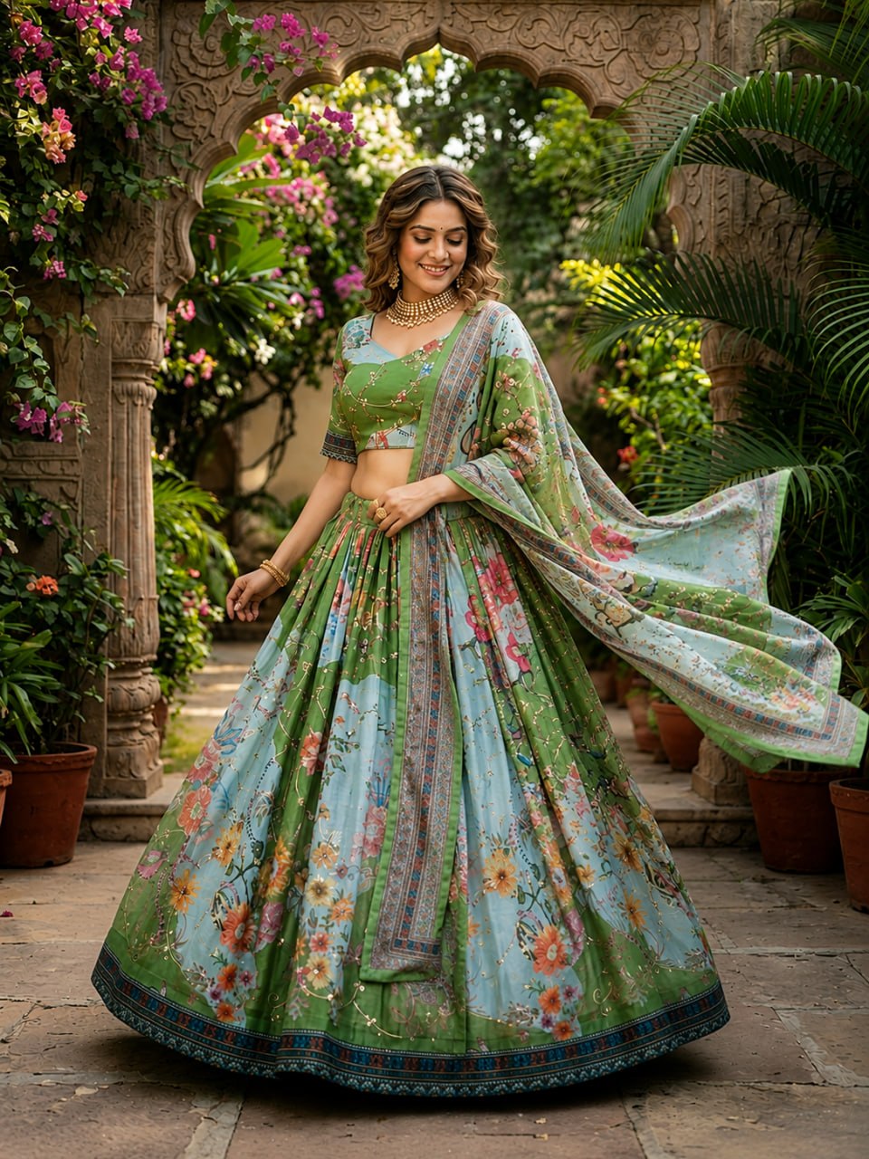 Green Digital Print Silk Lehenga Set
