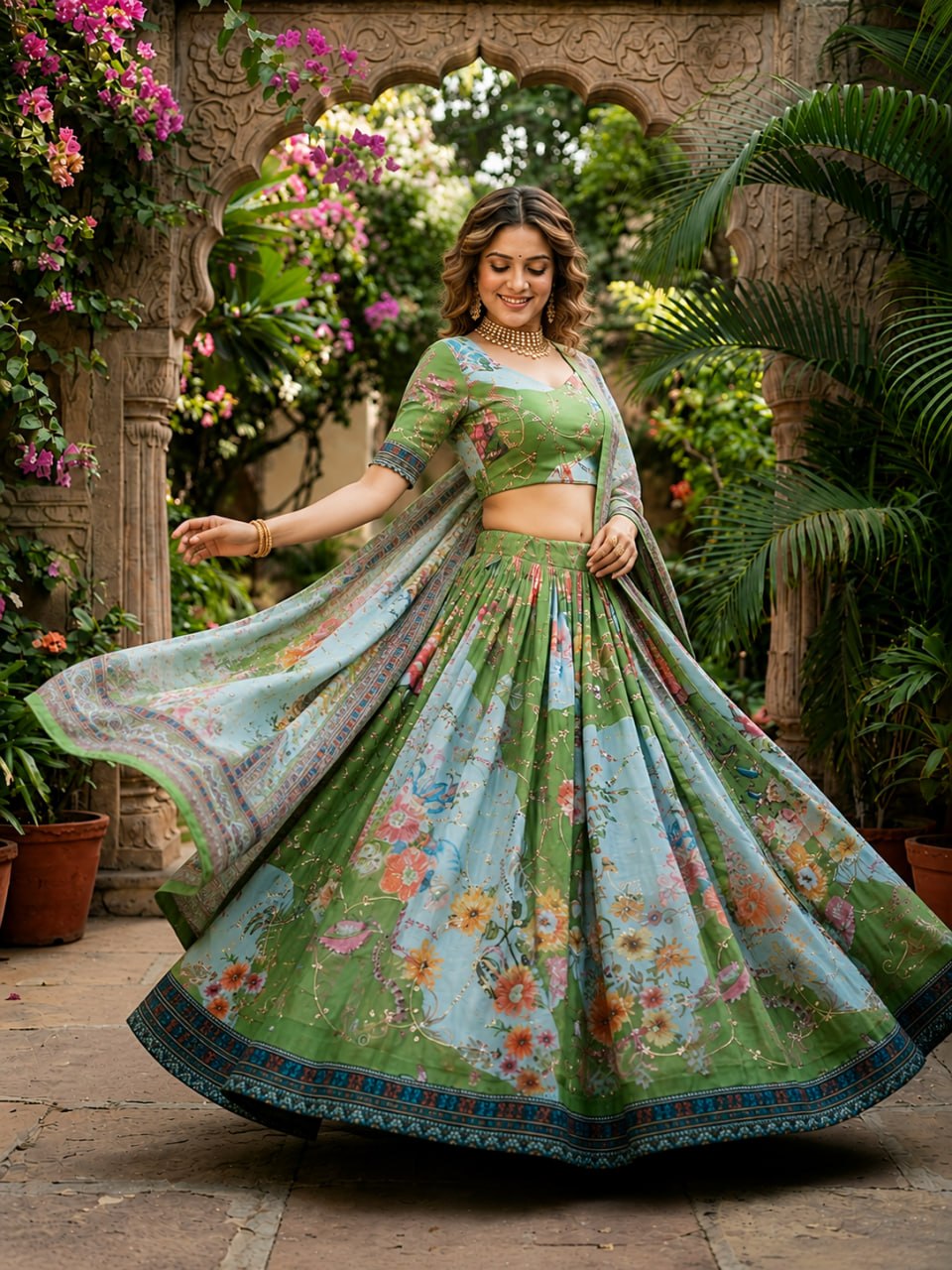 Green Digital Print Silk Lehenga Set