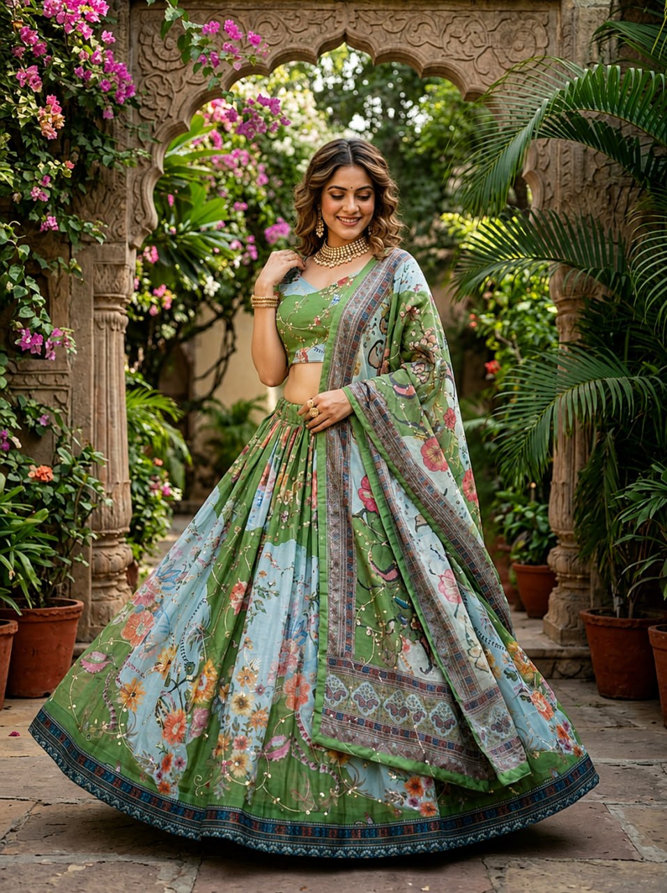 Green Digital Print Silk Lehenga Set
