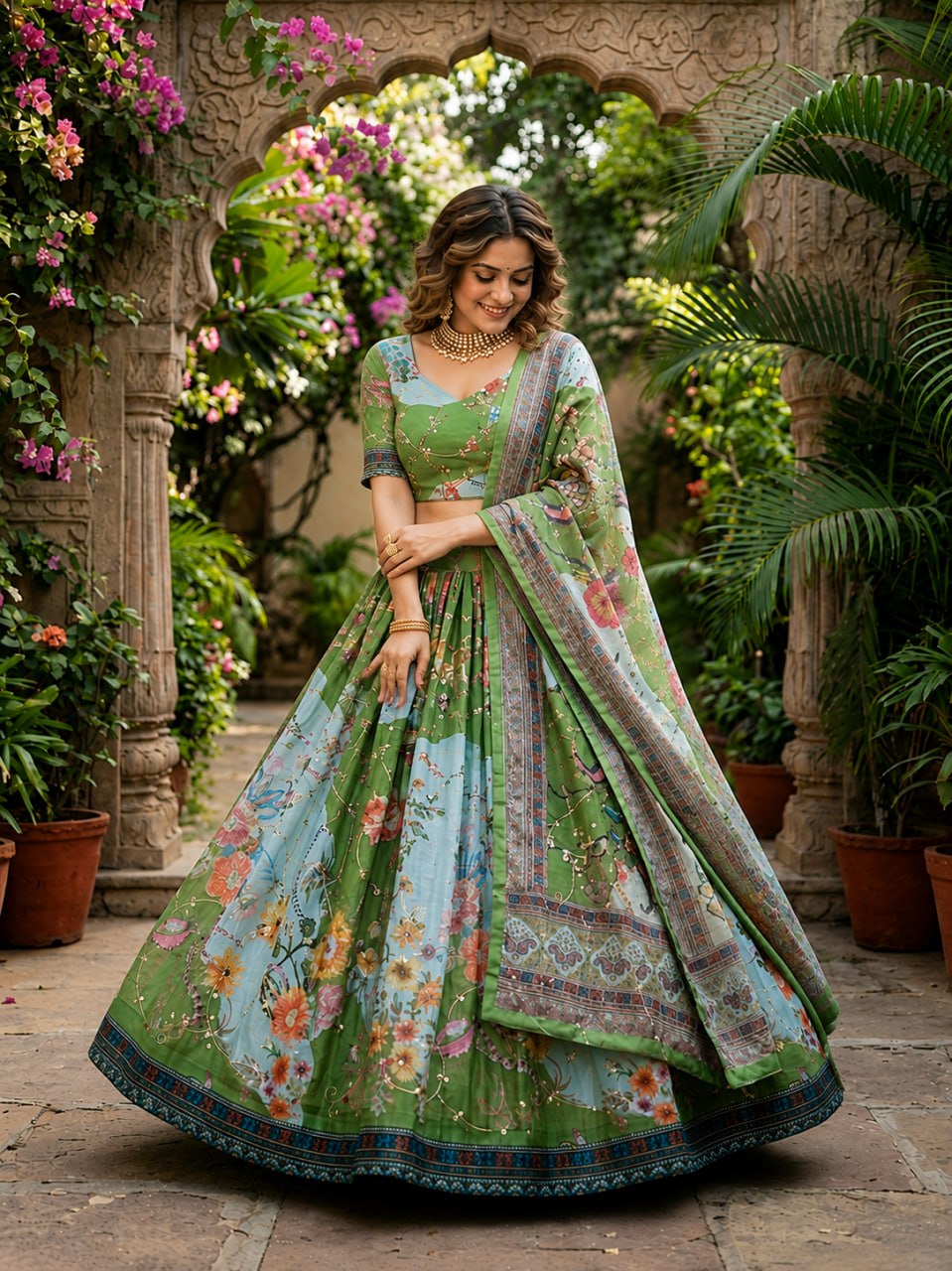 Green Digital Print Silk Lehenga Set