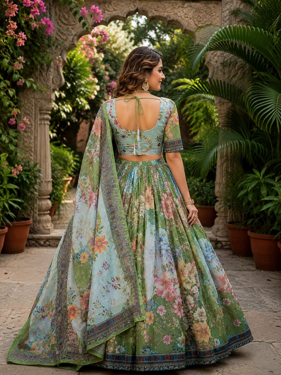 Green Digital Print Silk Lehenga Set