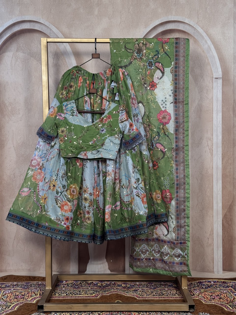Green Digital Print Silk Lehenga Set