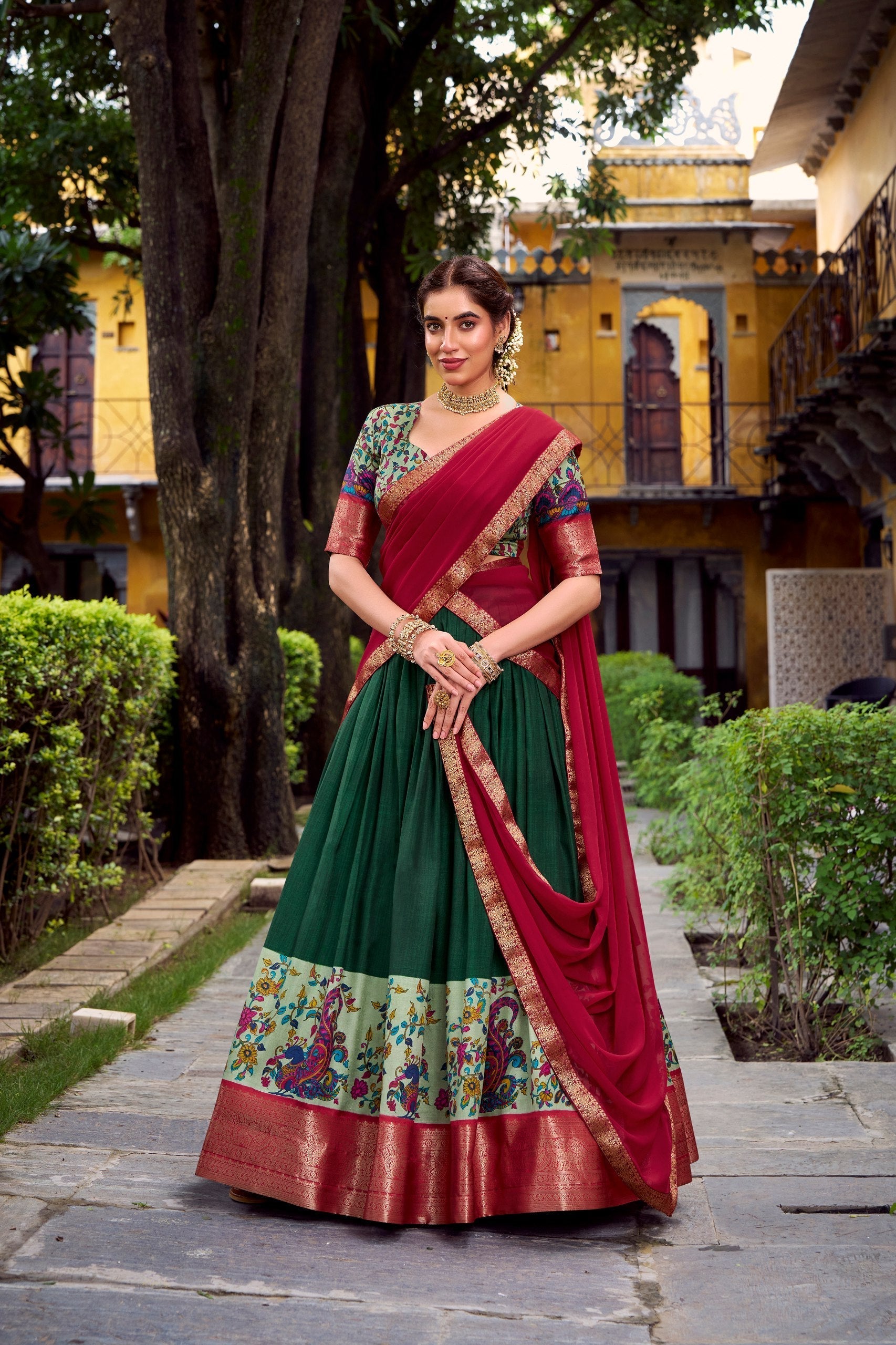 Green Elegant Aastha Silk Printed Lehenga Choli Set with Zari Weaving and Georgette Dupatta – Stitched Ensemble