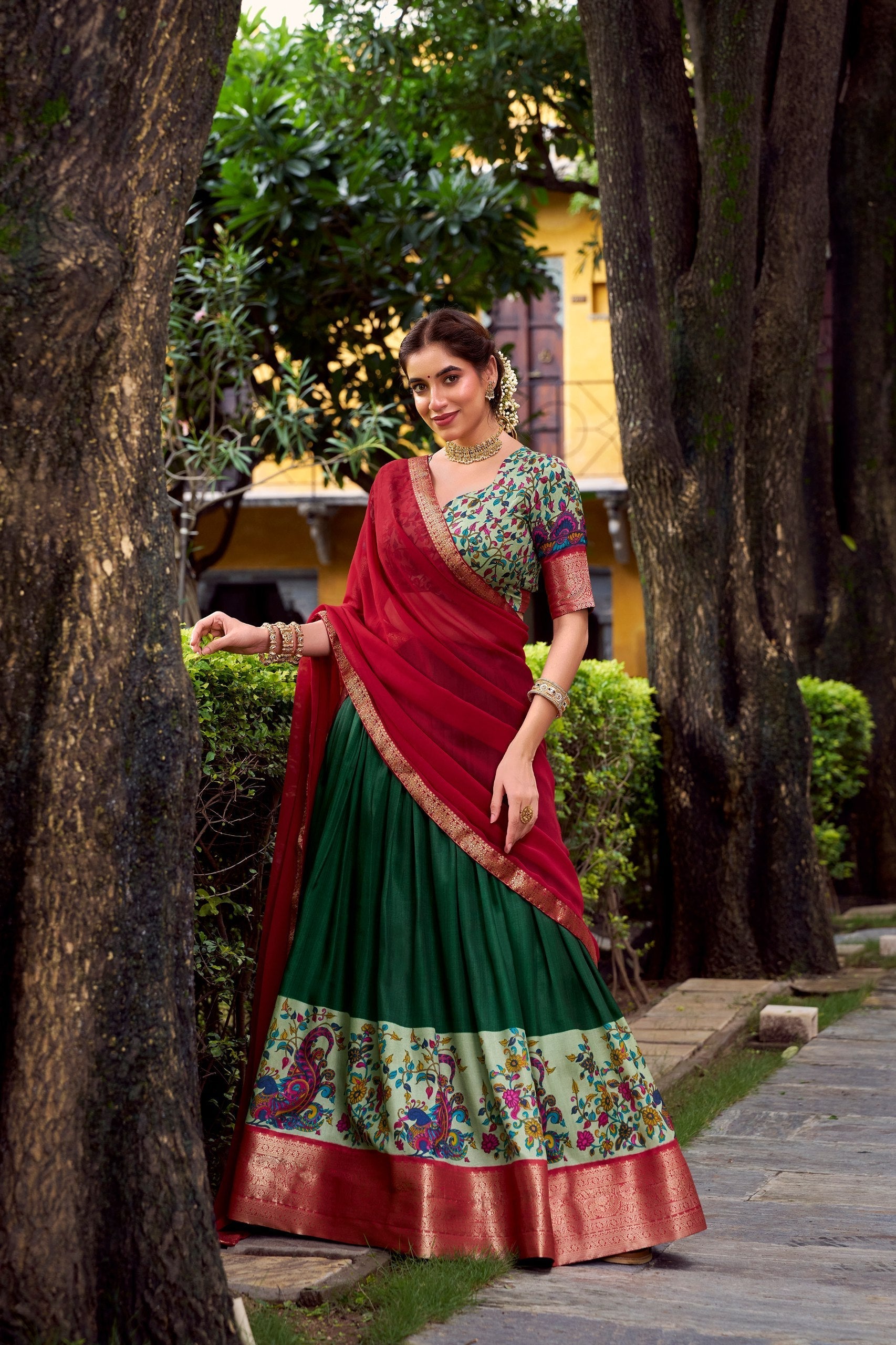 Green Elegant Aastha Silk Printed Lehenga Choli Set with Zari Weaving and Georgette Dupatta – Stitched Ensemble