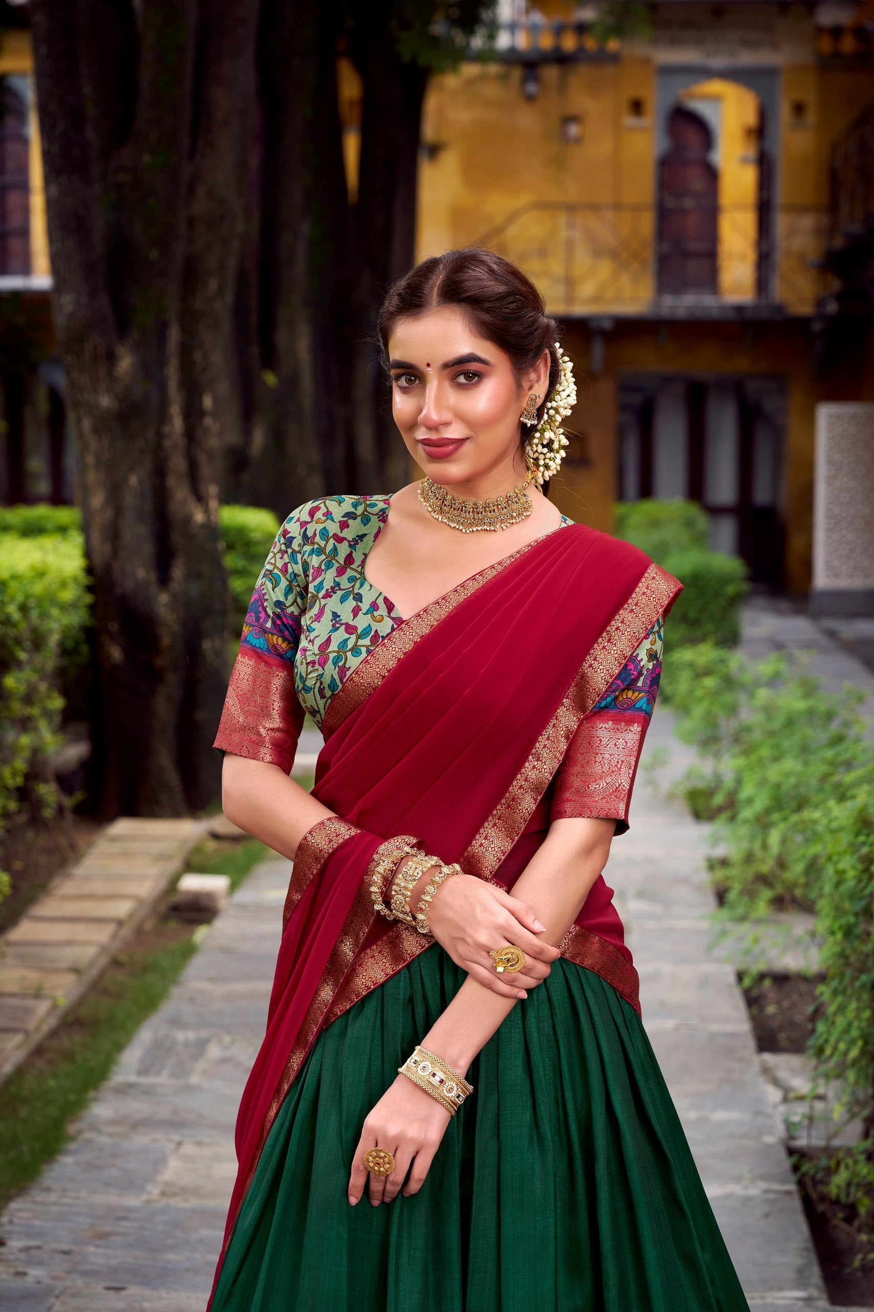 Green Elegant Aastha Silk Printed Lehenga Choli Set with Zari Weaving and Georgette Dupatta – Stitched Ensemble