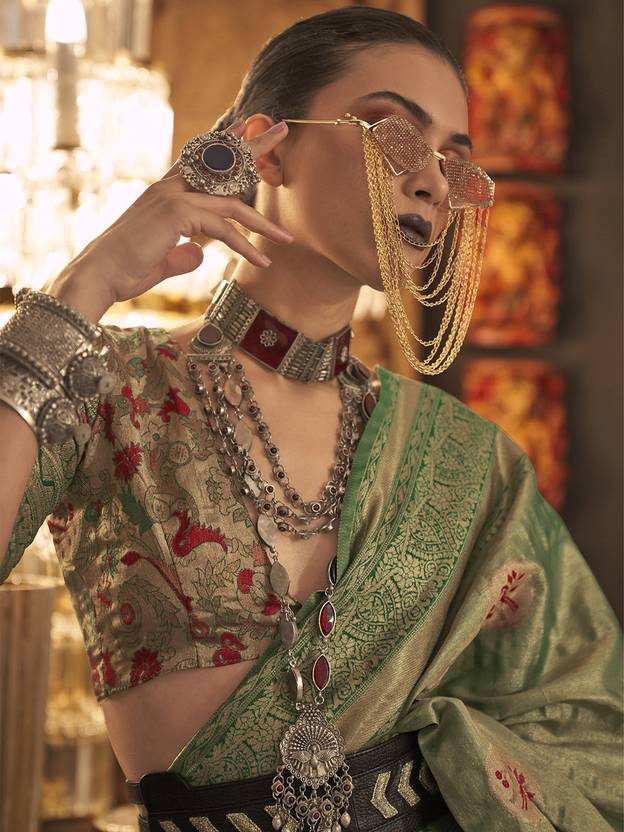 Green Elegant Banarasi Silk Blend Saree with Woven Design & Tassel Detailing