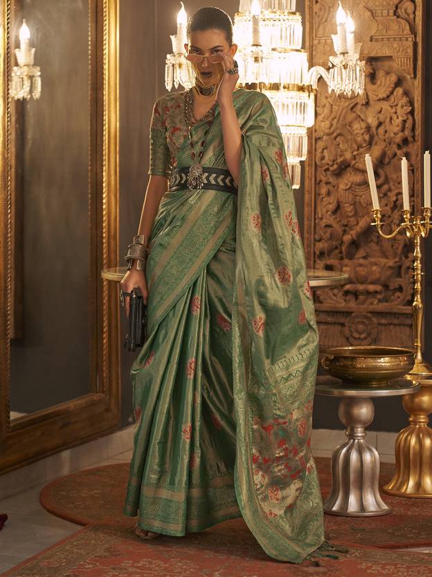 Green Elegant Banarasi Silk Blend Saree with Woven Design & Tassel Detailing