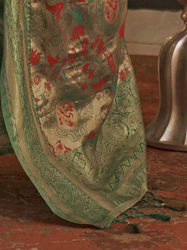 Green Elegant Banarasi Silk Blend Saree with Woven Design & Tassel Detailing