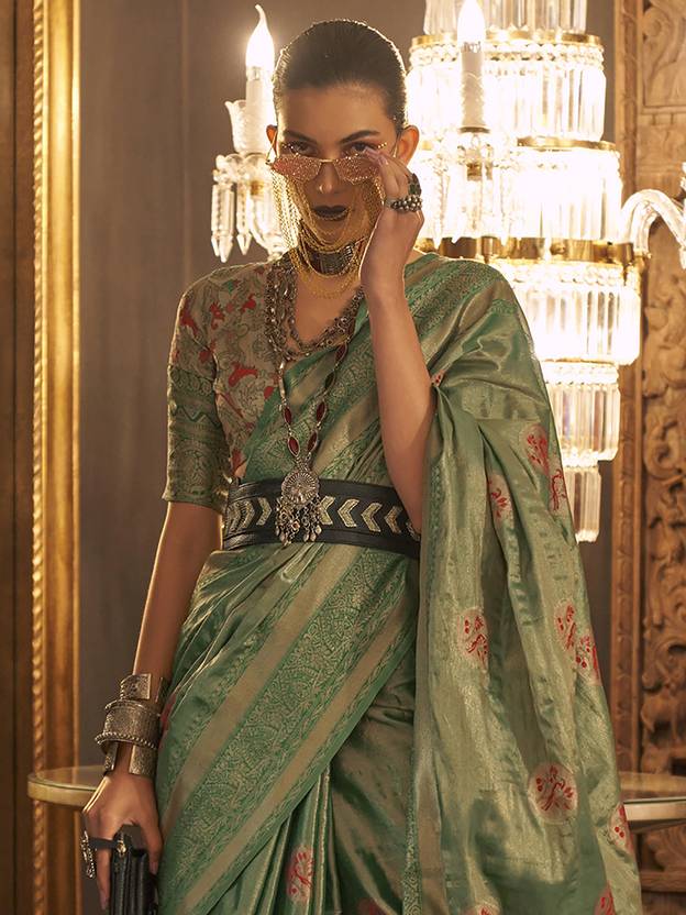 Green Elegant Banarasi Silk Blend Saree with Woven Design & Tassel Detailing