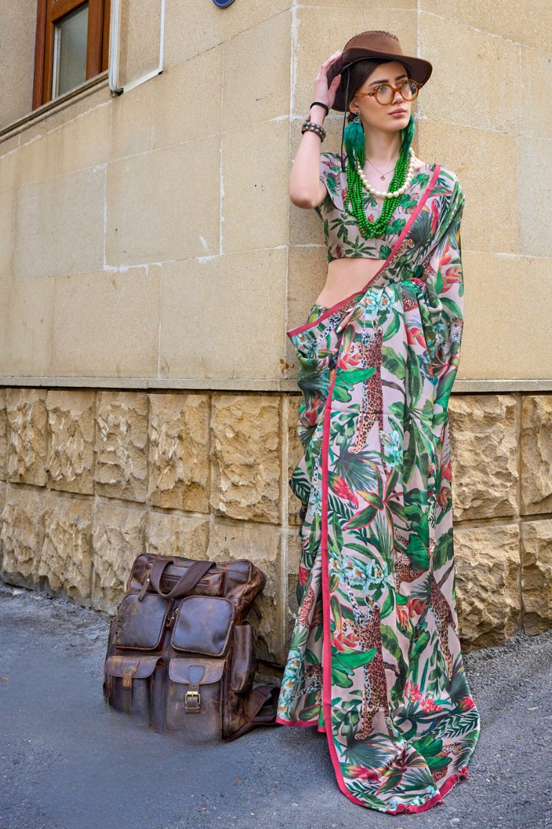 Green Elegant Bollywood Satin Printed Saree – Party & Festive Wear