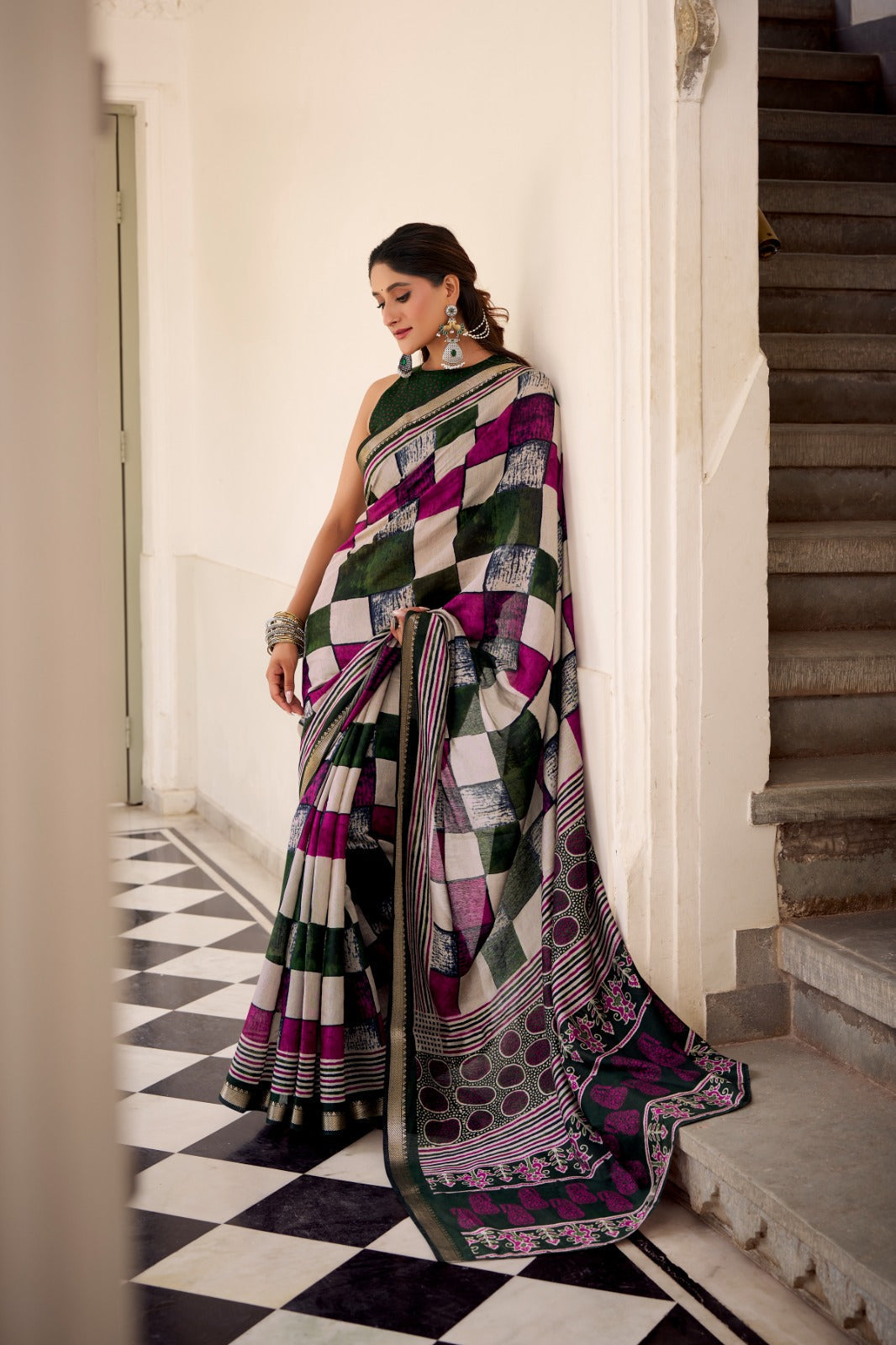 Green Elegant Chanderi Printed Saree with Temple Border & Matching Blouse