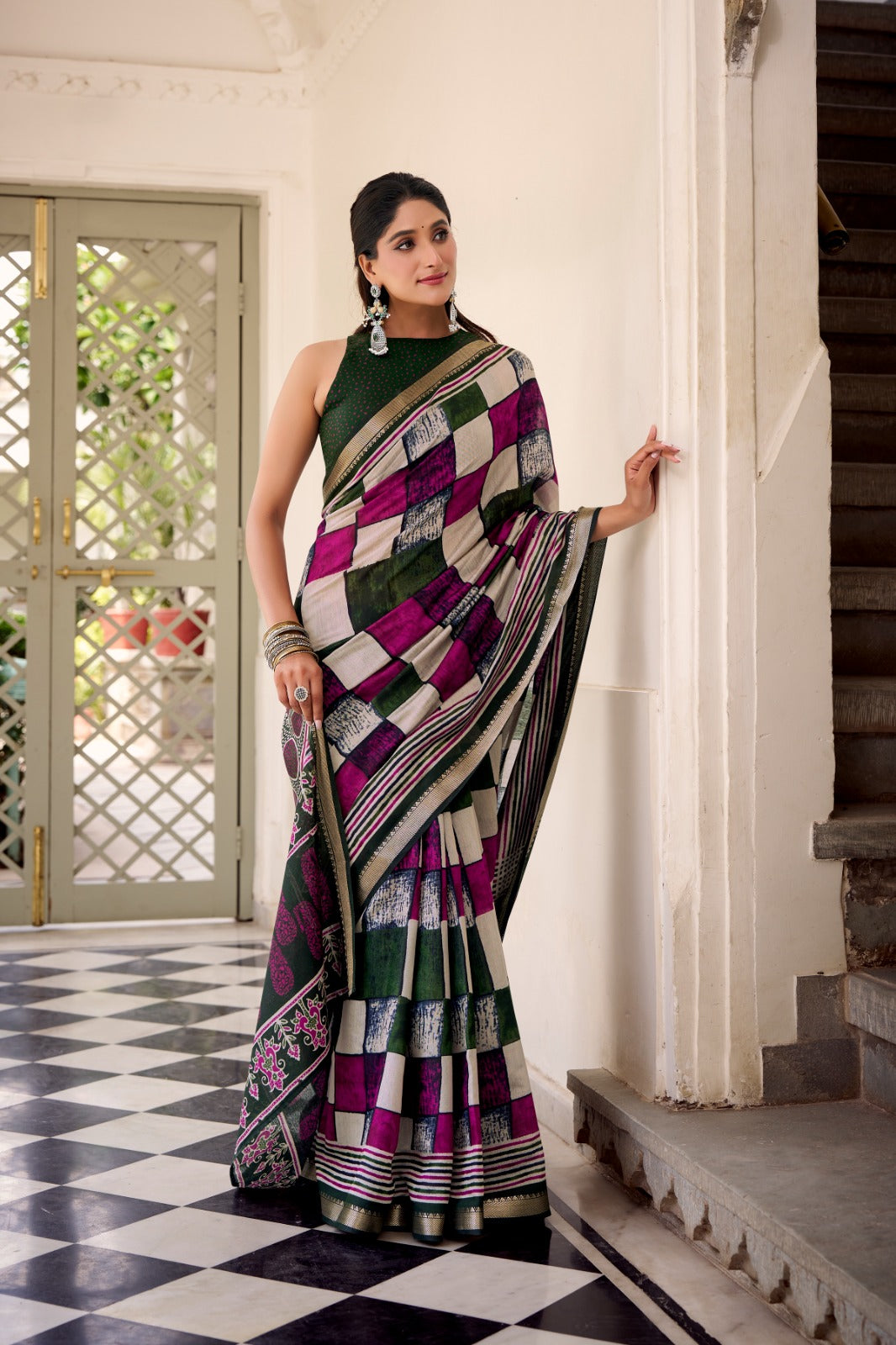 Green Elegant Chanderi Printed Saree with Temple Border & Matching Blouse