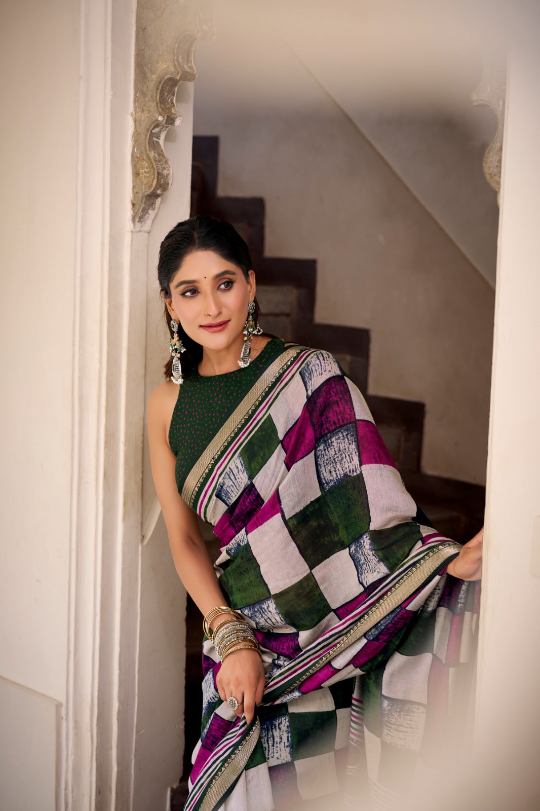 Green Elegant Chanderi Printed Saree with Temple Border & Matching Blouse