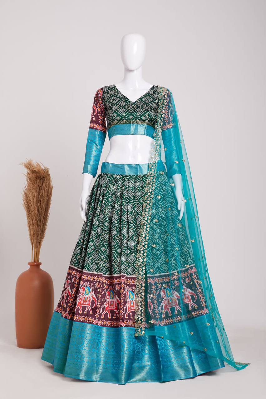Green Elegant Heavy Dola Jacquard Silk Lehenga Set with Sky Blue Embroidered Net Dupatta