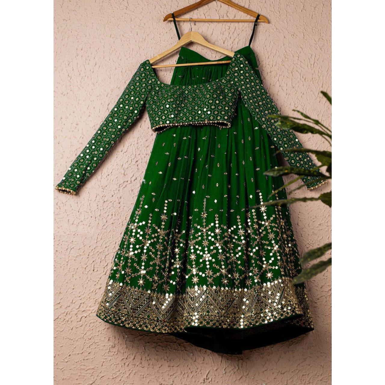 Green Elegant Heavy Georgette Embroidered Lehenga Set with Sequins & Moti Border Dupatta