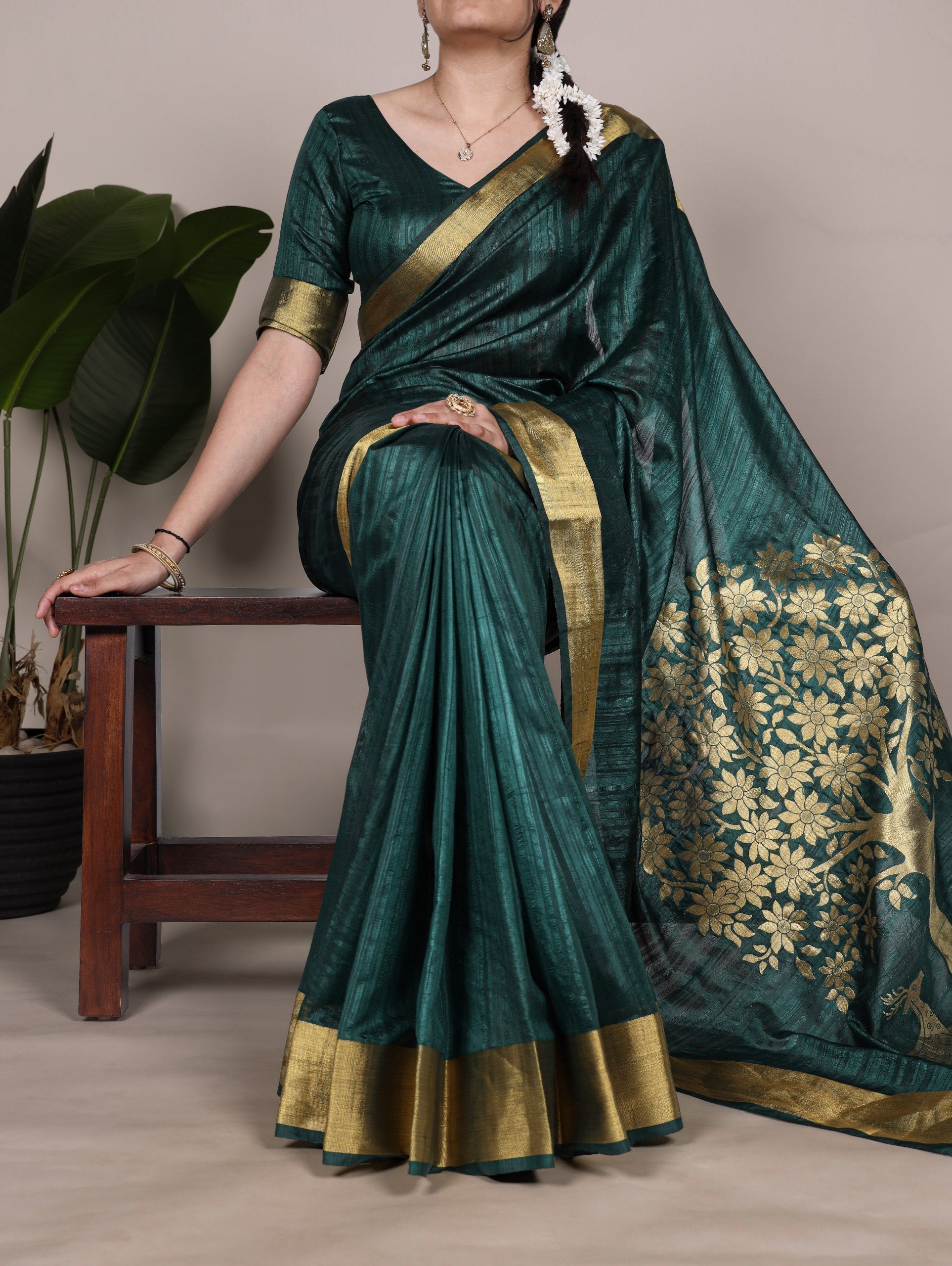 Green Elegant Raw Silk Saree with Zari Weaving Work