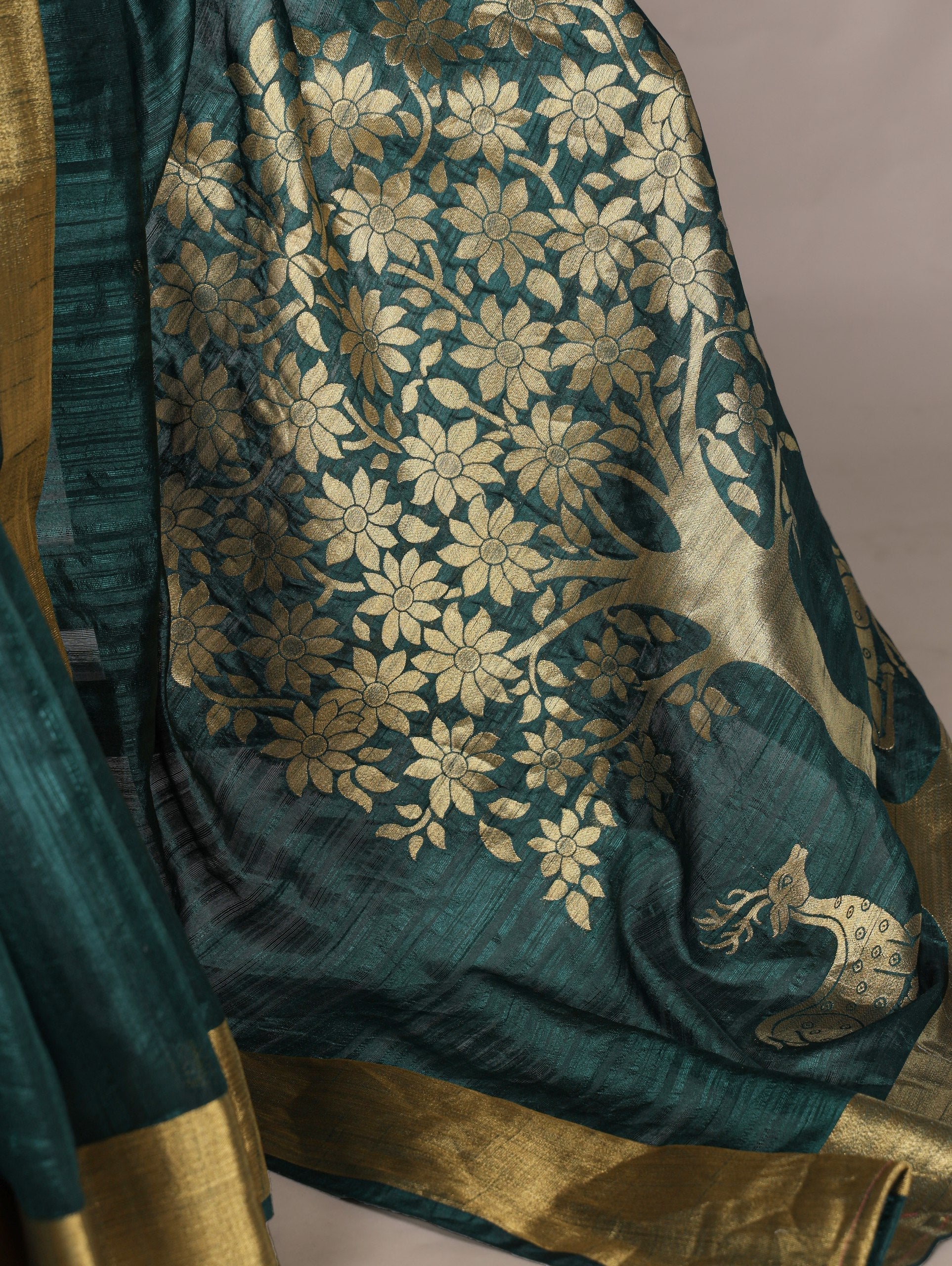 Green Elegant Raw Silk Saree with Zari Weaving Work