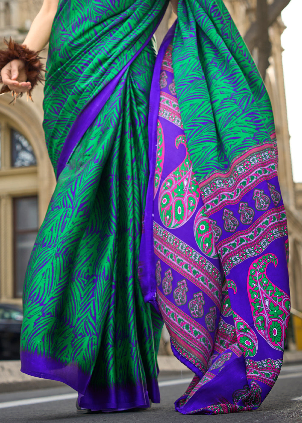 Green Elegant Satin Crepe Saree – A Perfect Blend of Luxury & Grace