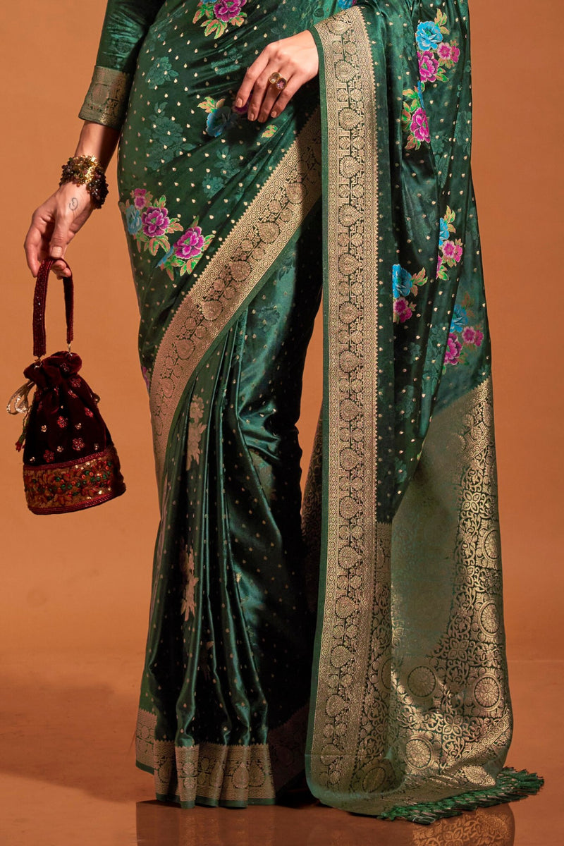 Green Elegant Satin Traditional Saree with Zari & Thread Work