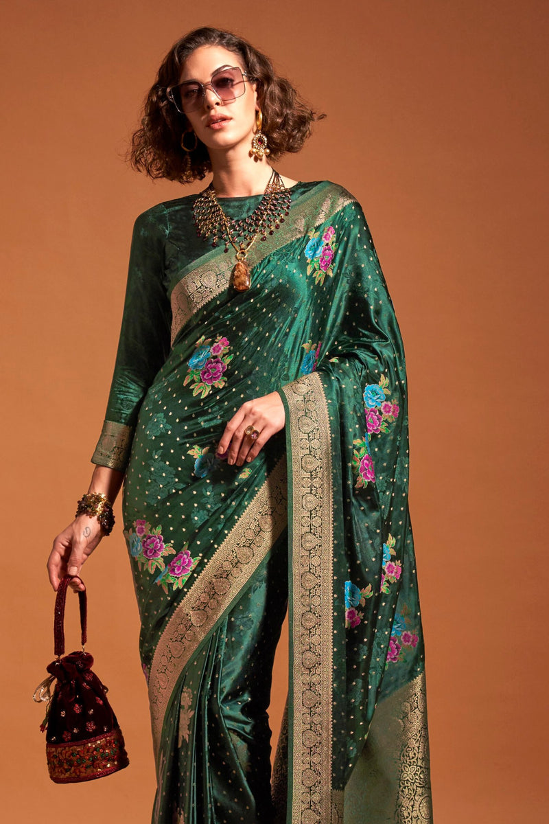 Green Elegant Satin Traditional Saree with Zari & Thread Work