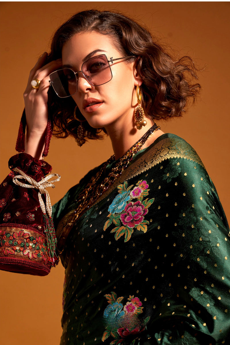 Green Elegant Satin Traditional Saree with Zari & Thread Work