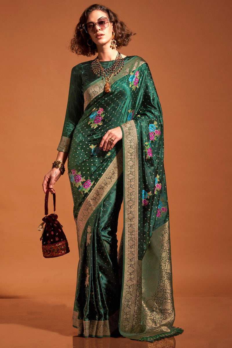 Green Elegant Satin Traditional Saree with Zari & Thread Work