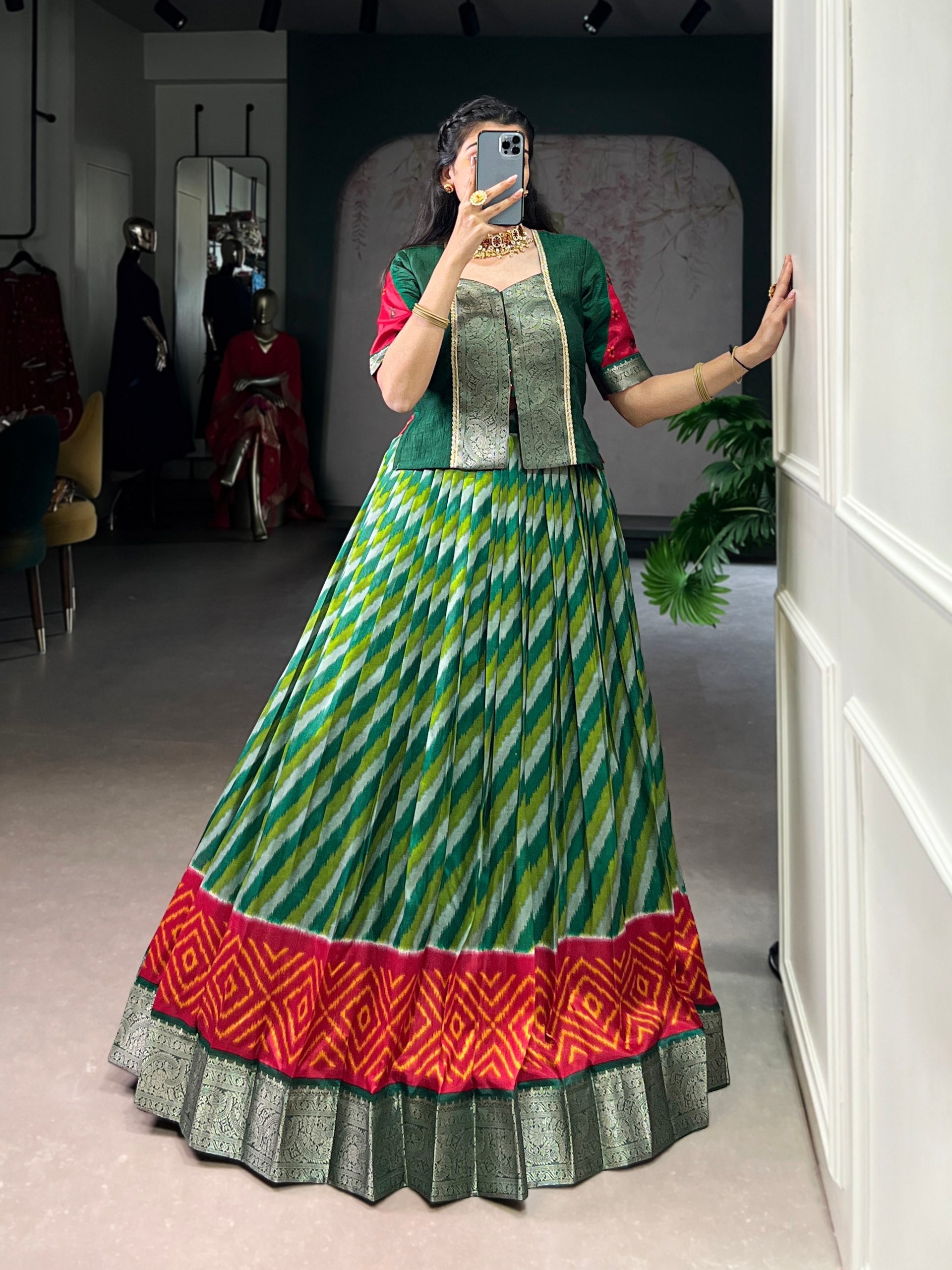Green Elegant Tasar Silk Lehenga with Leheriya Print & Zari Work – Stitched Lehenga with Vichitra Silk Blouse
