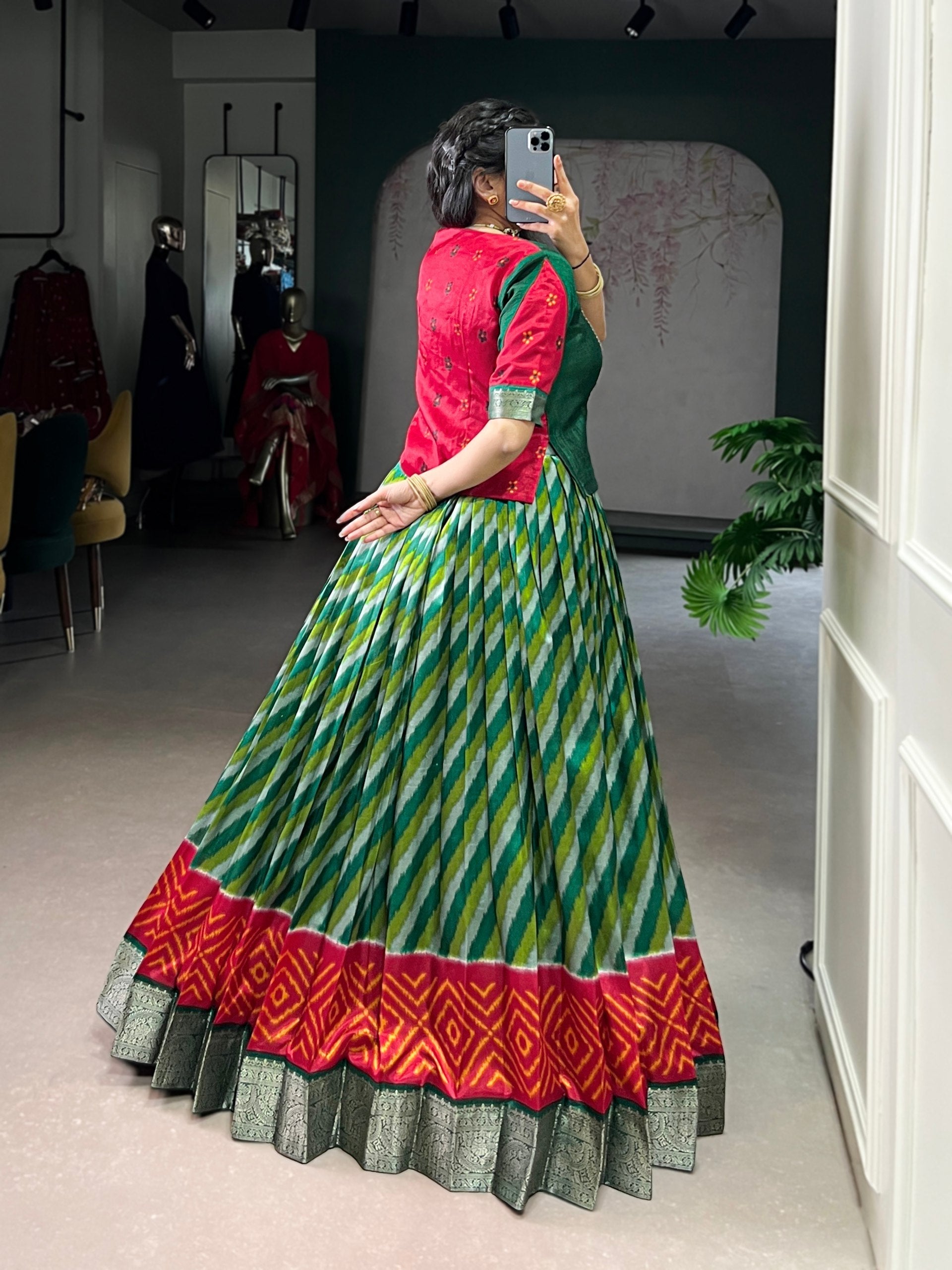 Green Elegant Tasar Silk Lehenga with Leheriya Print & Zari Work – Stitched Lehenga with Vichitra Silk Blouse