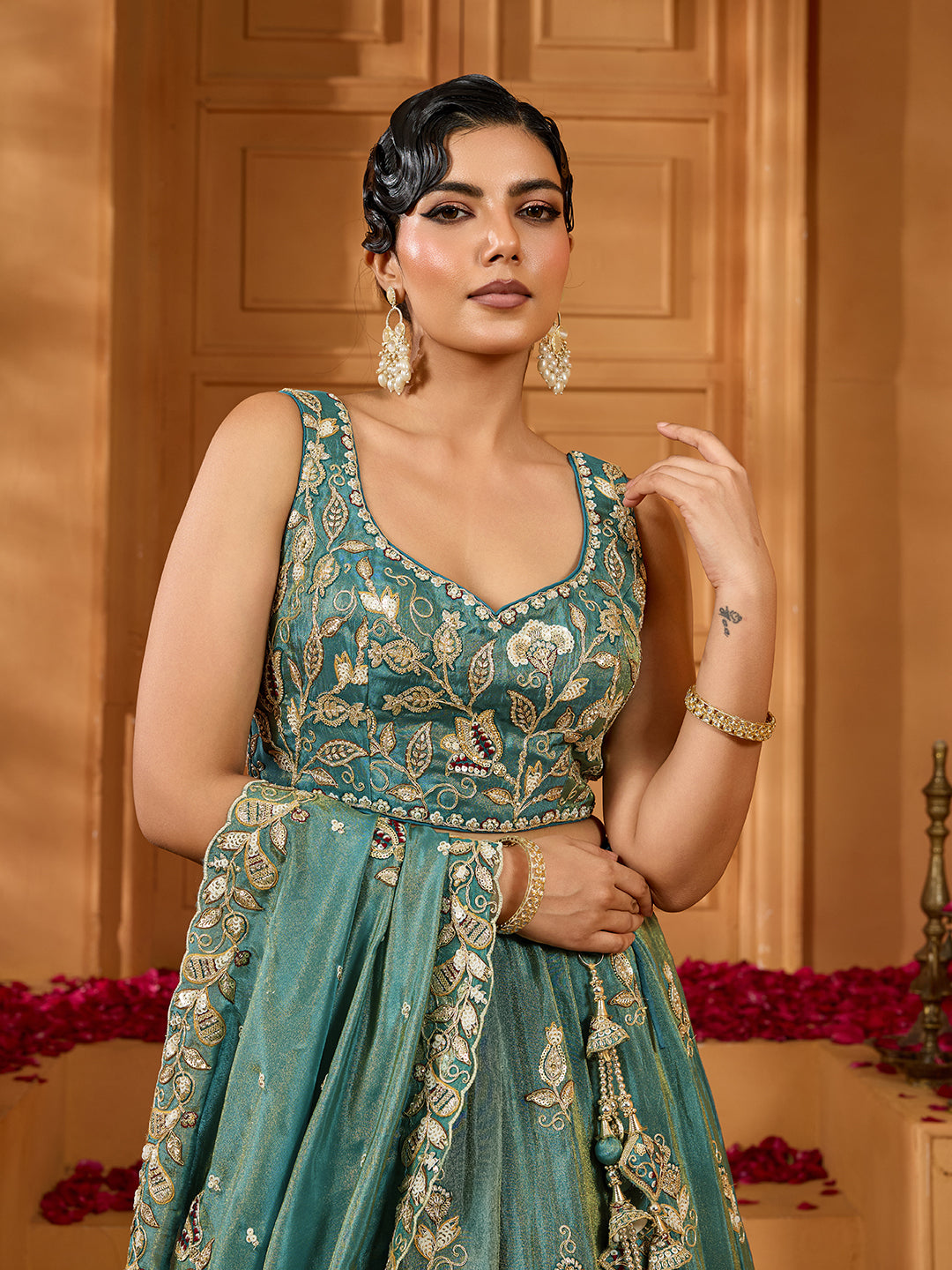 Green Elegant Tissue Lehenga Choli with Matching Dupatta – Sequins, Stones & Thread Embroidery Festive & Party Wear