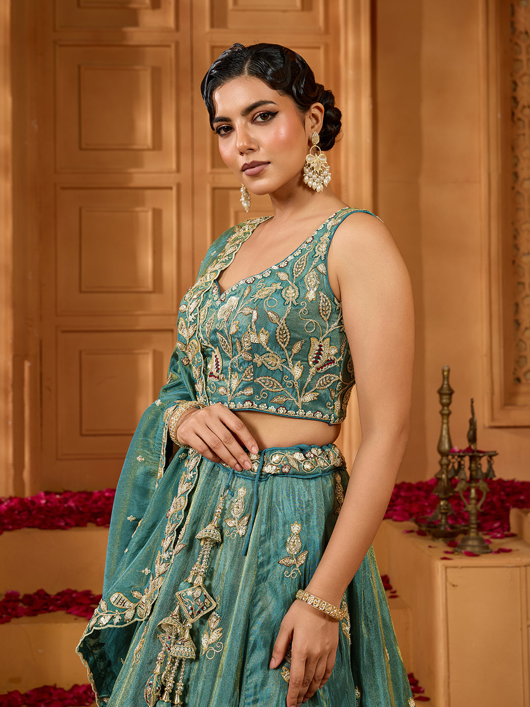 Green Elegant Tissue Lehenga Choli with Matching Dupatta – Sequins, Stones & Thread Embroidery Festive & Party Wear