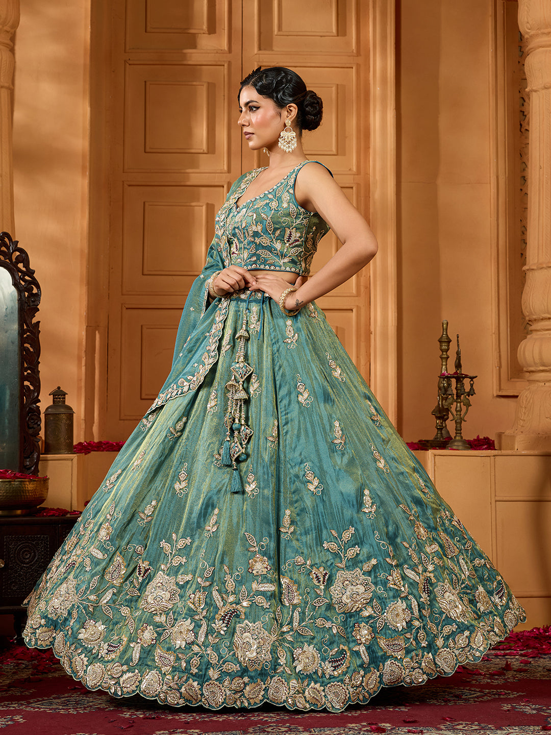 Green Elegant Tissue Lehenga Choli with Matching Dupatta – Sequins, Stones & Thread Embroidery Festive & Party Wear