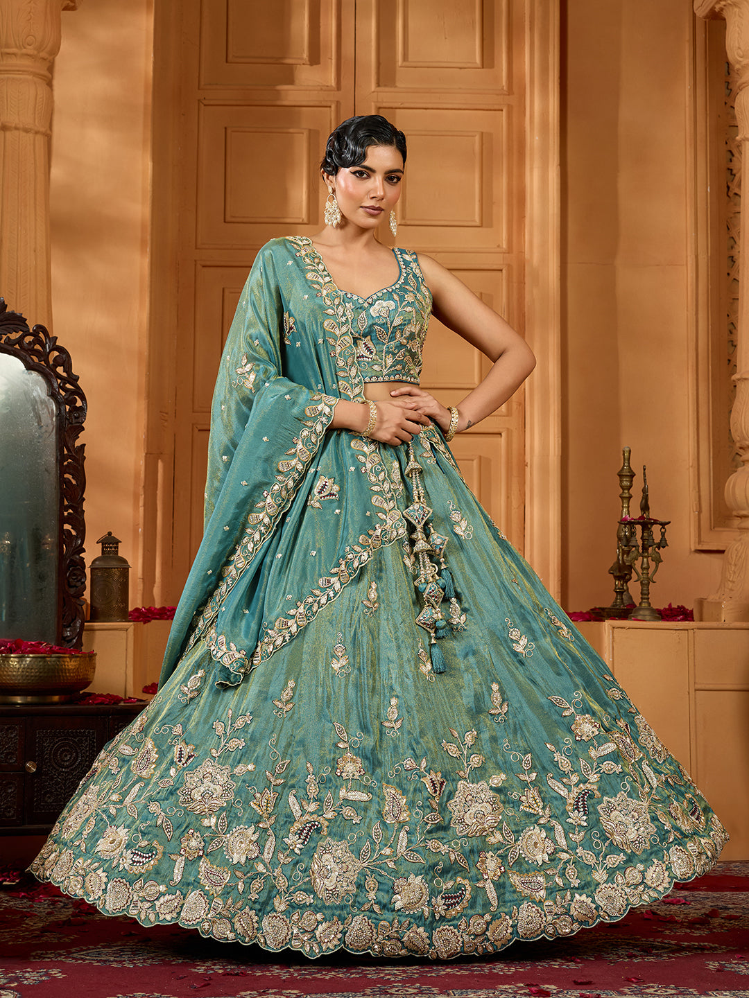 Green Elegant Tissue Lehenga Choli with Matching Dupatta – Sequins, Stones & Thread Embroidery Festive & Party Wear