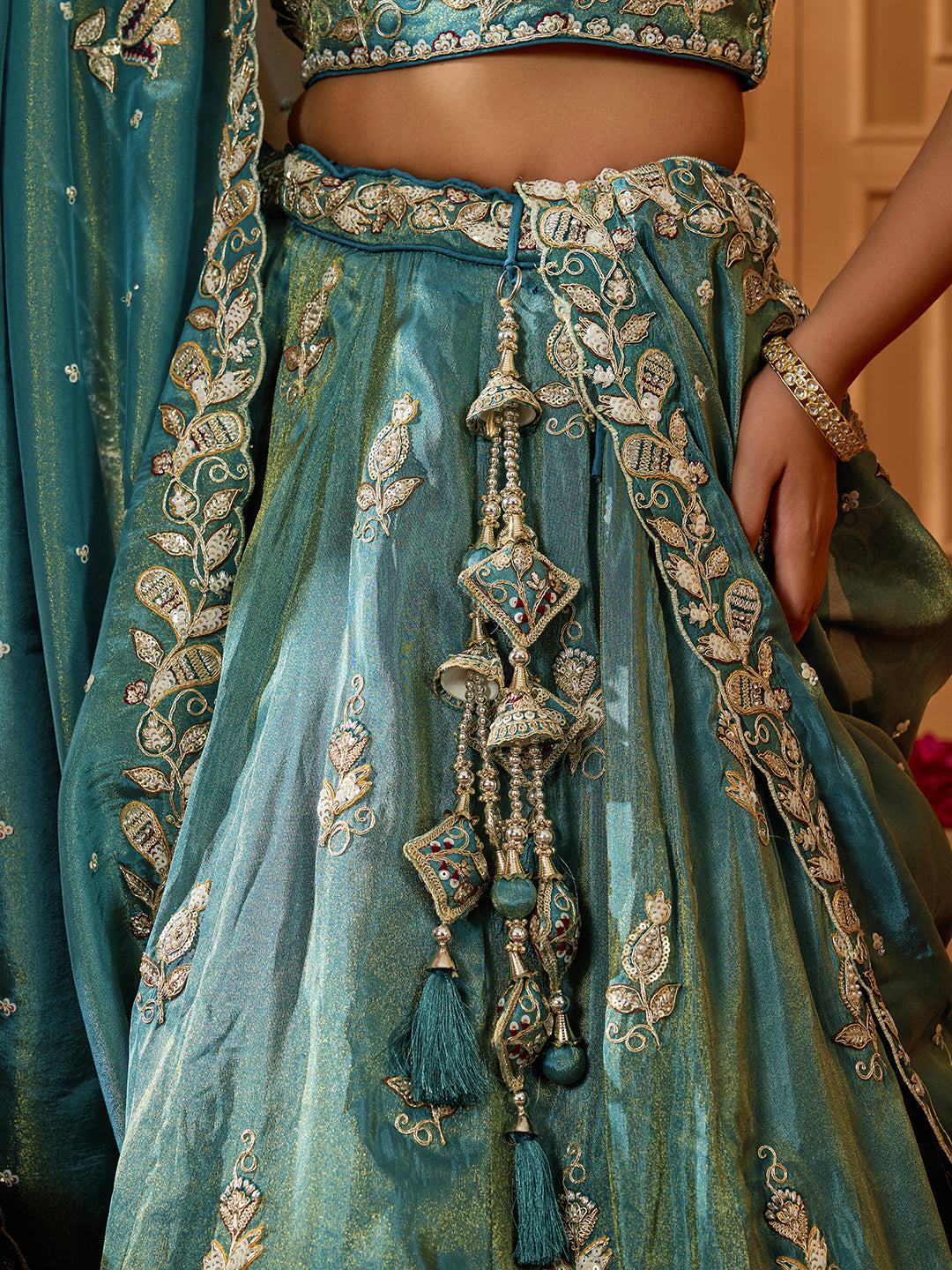 Green Elegant Tissue Lehenga Choli with Matching Dupatta – Sequins, Stones & Thread Embroidery Festive & Party Wear