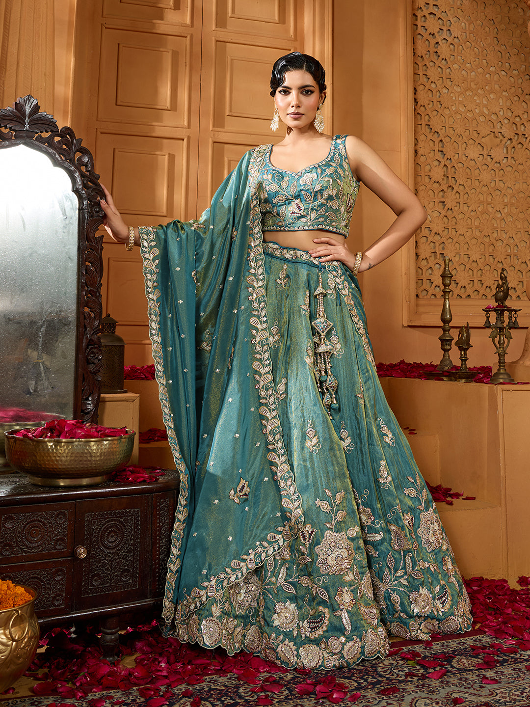 Green Elegant Tissue Lehenga Choli with Matching Dupatta – Sequins, Stones & Thread Embroidery Festive & Party Wear