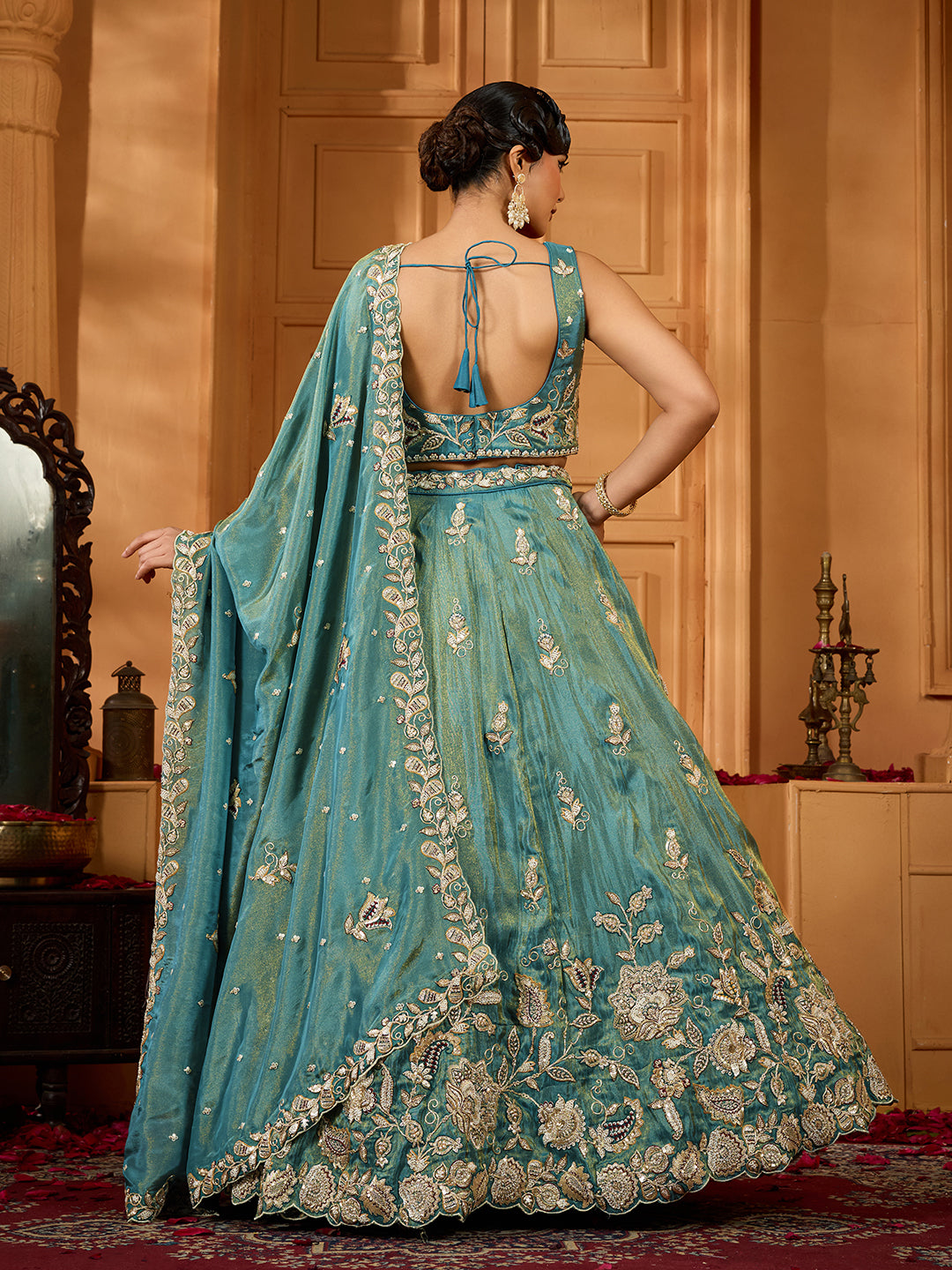 Green Elegant Tissue Lehenga Choli with Matching Dupatta – Sequins, Stones & Thread Embroidery Festive & Party Wear