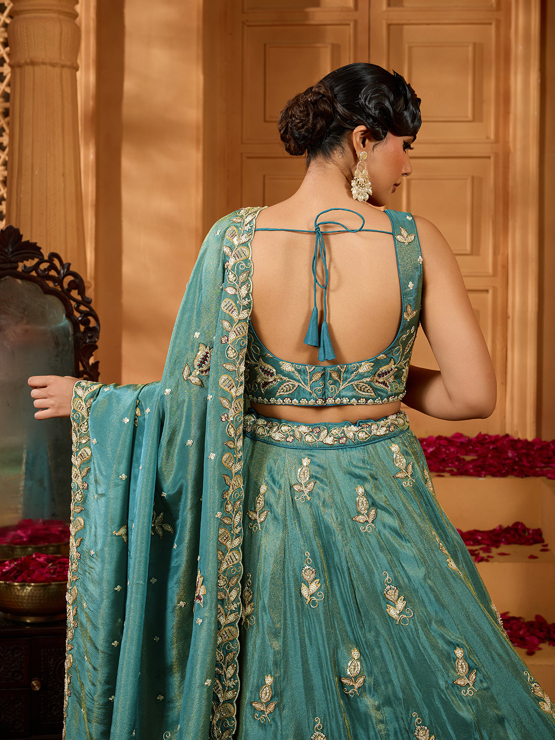 Green Elegant Tissue Lehenga Choli with Matching Dupatta – Sequins, Stones & Thread Embroidery Festive & Party Wear