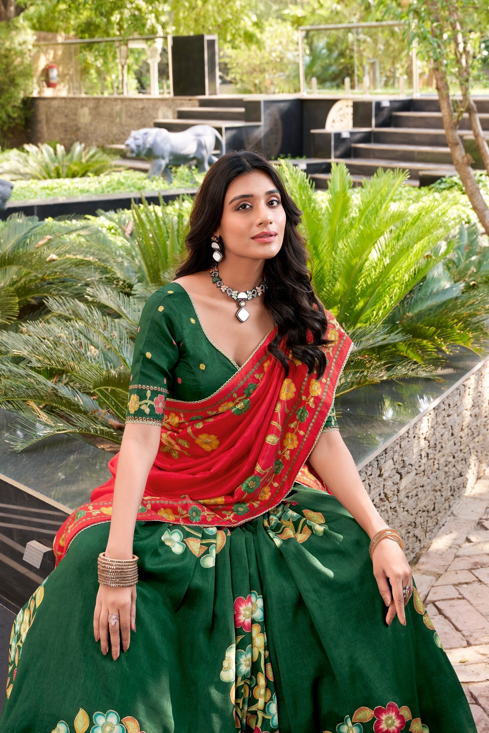 Green Elegant Tussar Silk Printed Lehenga Set with Foil Work & Gotta Patti Dupatta