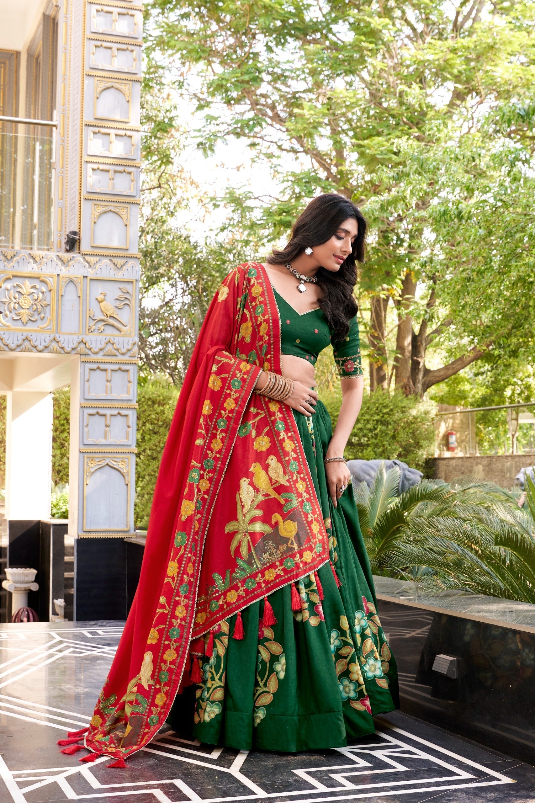 Green Elegant Tussar Silk Printed Lehenga Set with Foil Work & Gotta Patti Dupatta