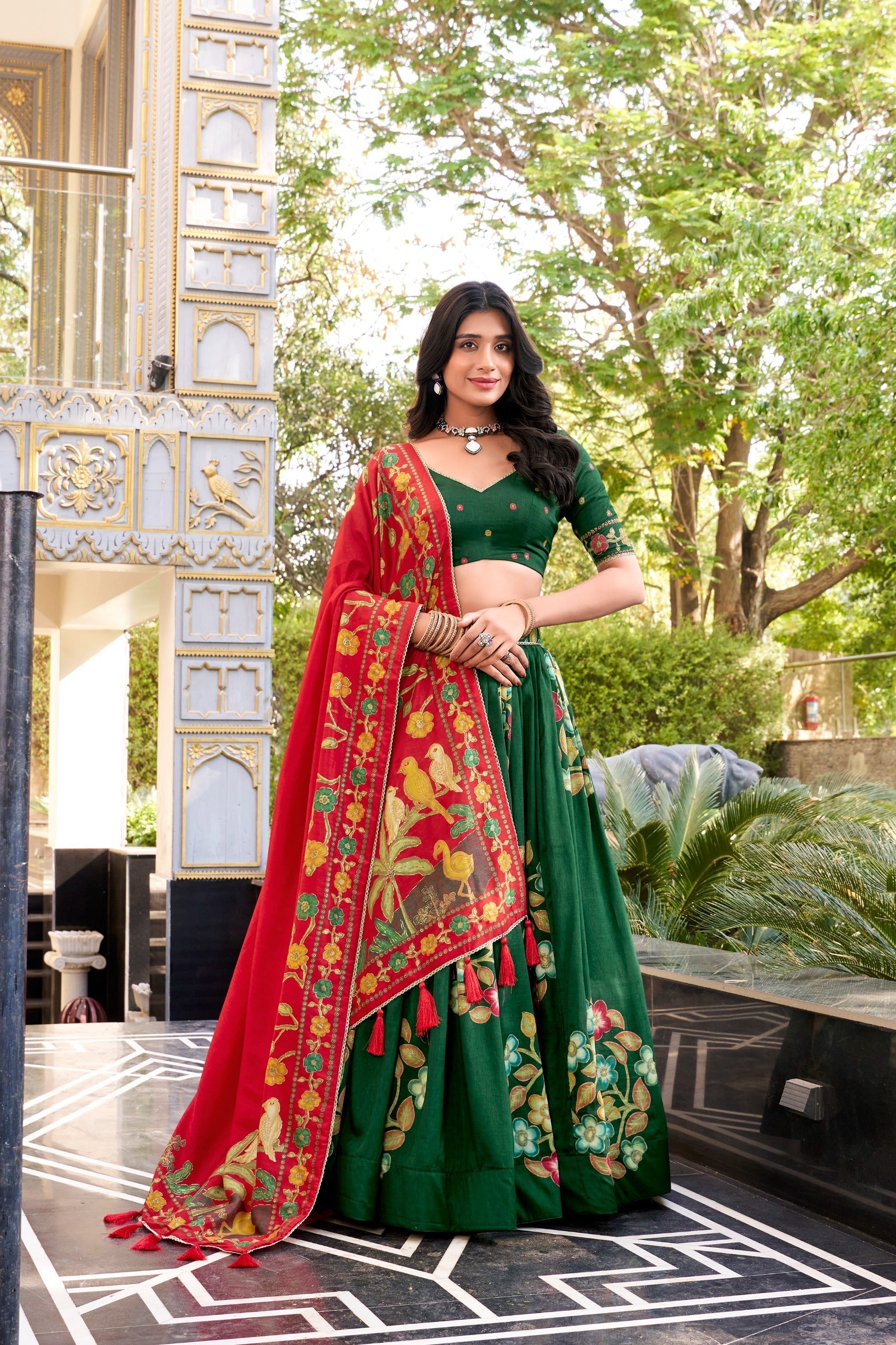 Green Elegant Tussar Silk Printed Lehenga Set with Foil Work & Gotta Patti Dupatta