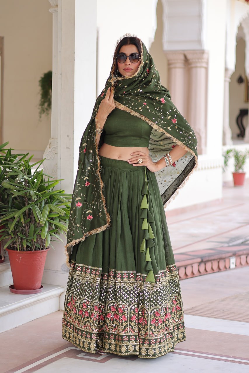 Mehendi Elegant Vichitra Silk Sequins & Thread Embroidered Lehenga Set with Designer Lace Dupatta – Stitched 3-Meter Flair Lehenga & Unstitched Blouse