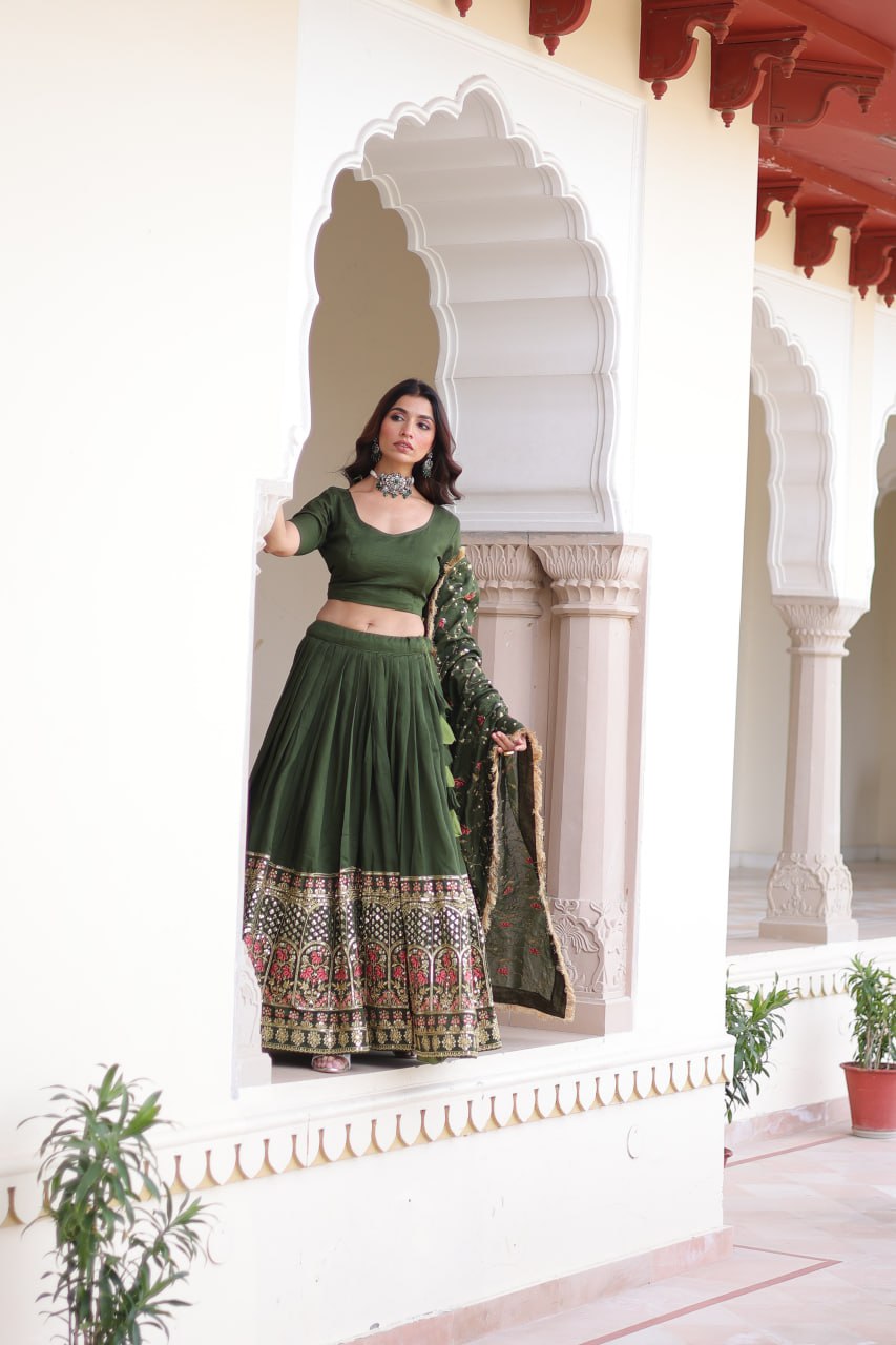 Mehendi Elegant Vichitra Silk Sequins & Thread Embroidered Lehenga Set with Designer Lace Dupatta – Stitched 3-Meter Flair Lehenga & Unstitched Blouse