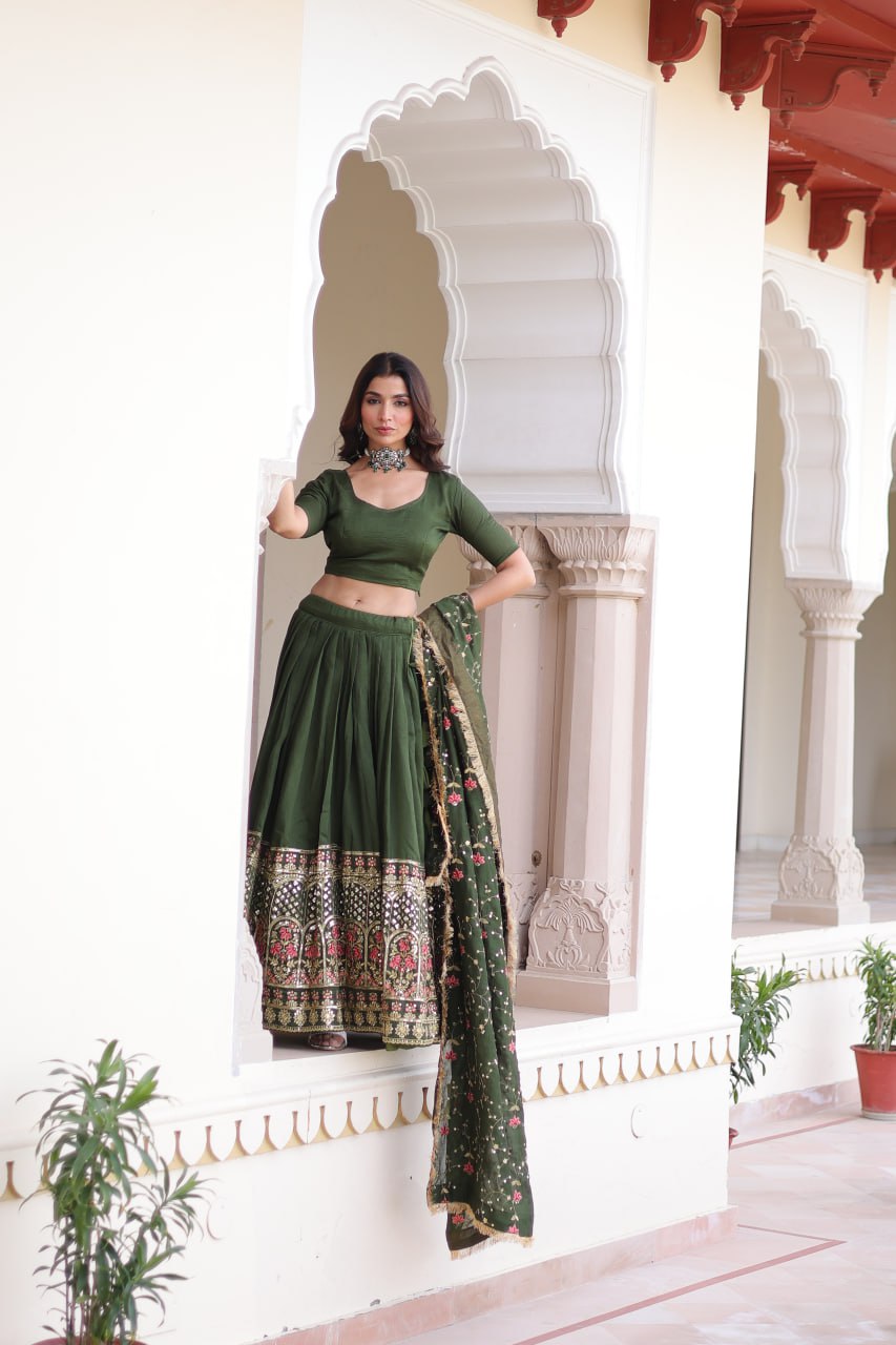 Mehendi Elegant Vichitra Silk Sequins & Thread Embroidered Lehenga Set with Designer Lace Dupatta – Stitched 3-Meter Flair Lehenga & Unstitched Blouse
