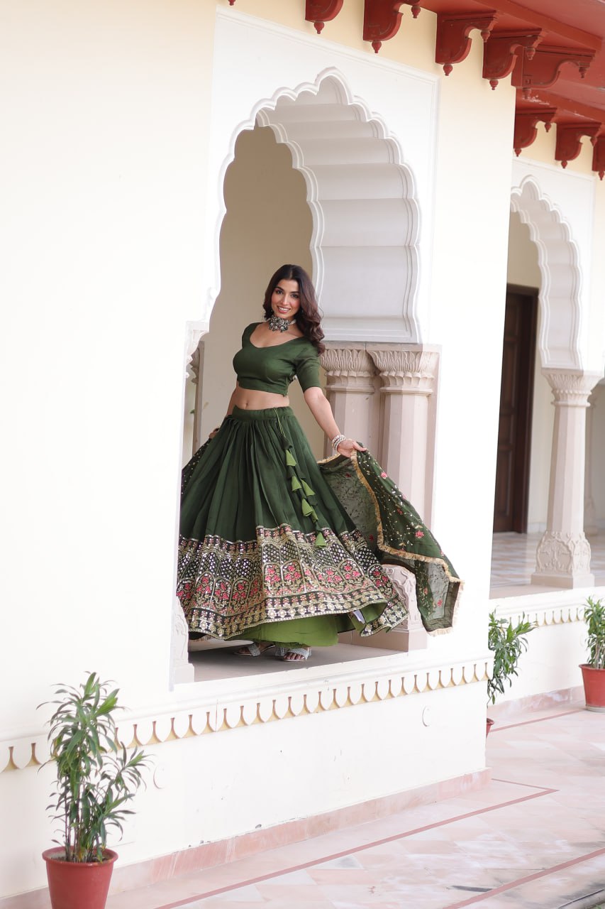 Mehendi Elegant Vichitra Silk Sequins & Thread Embroidered Lehenga Set with Designer Lace Dupatta – Stitched 3-Meter Flair Lehenga & Unstitched Blouse