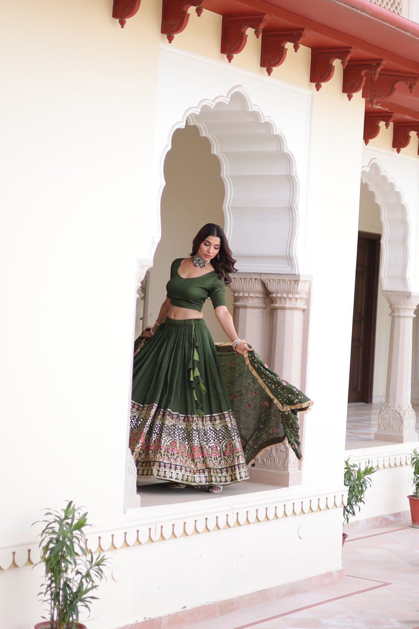Mehendi Elegant Vichitra Silk Sequins & Thread Embroidered Lehenga Set with Designer Lace Dupatta – Stitched 3-Meter Flair Lehenga & Unstitched Blouse