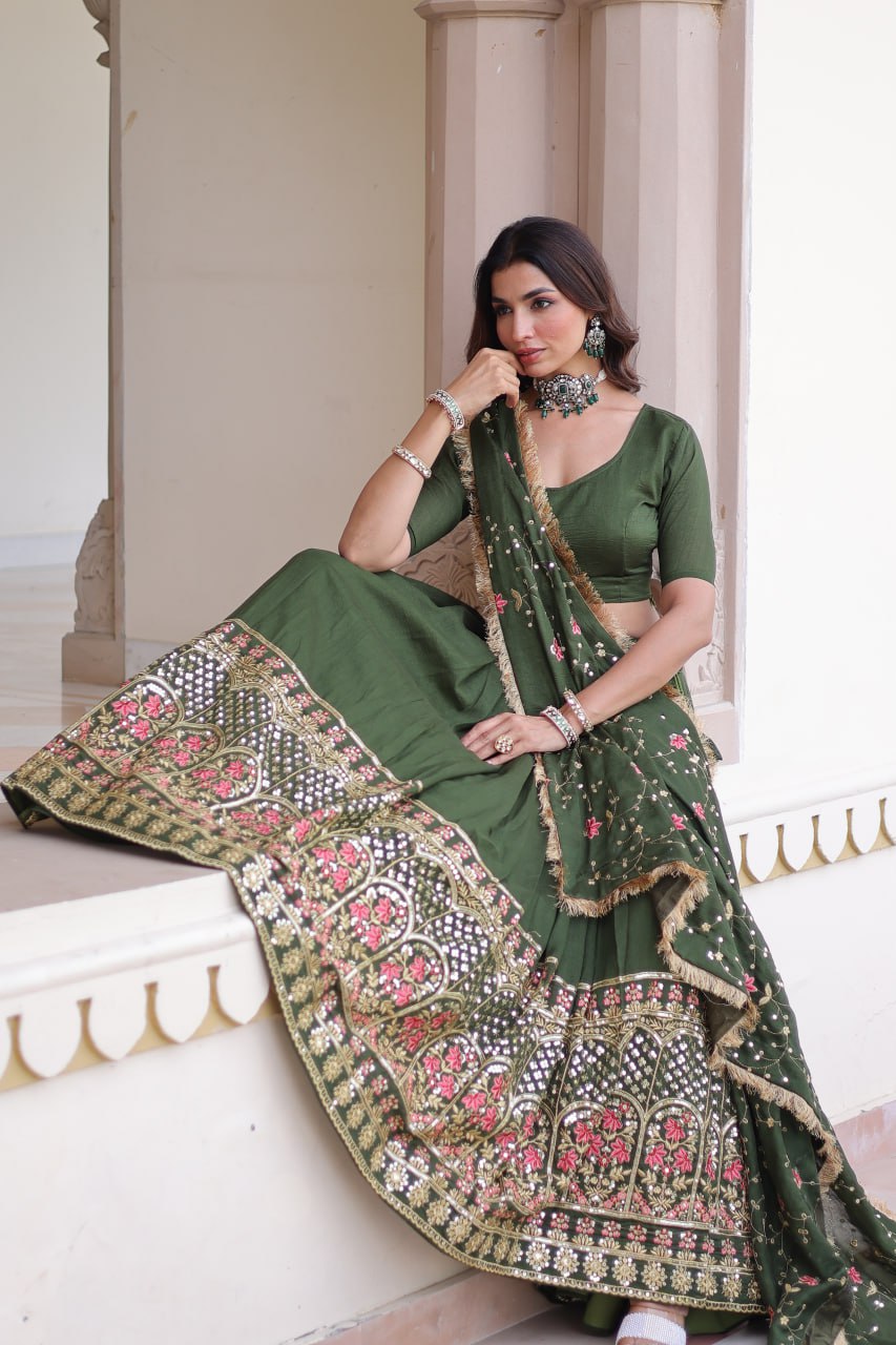 Mehendi Elegant Vichitra Silk Sequins & Thread Embroidered Lehenga Set with Designer Lace Dupatta – Stitched 3-Meter Flair Lehenga & Unstitched Blouse