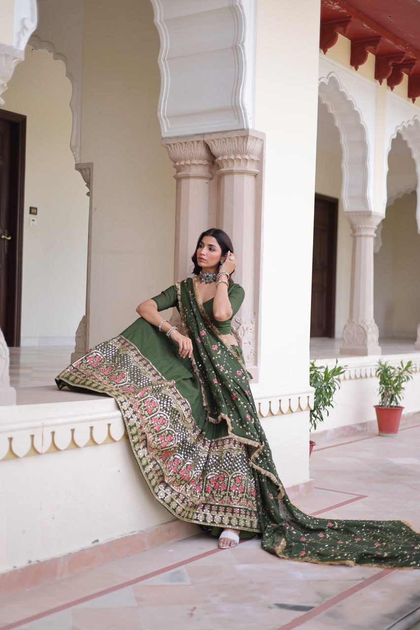 Mehendi Elegant Vichitra Silk Sequins & Thread Embroidered Lehenga Set with Designer Lace Dupatta – Stitched 3-Meter Flair Lehenga & Unstitched Blouse