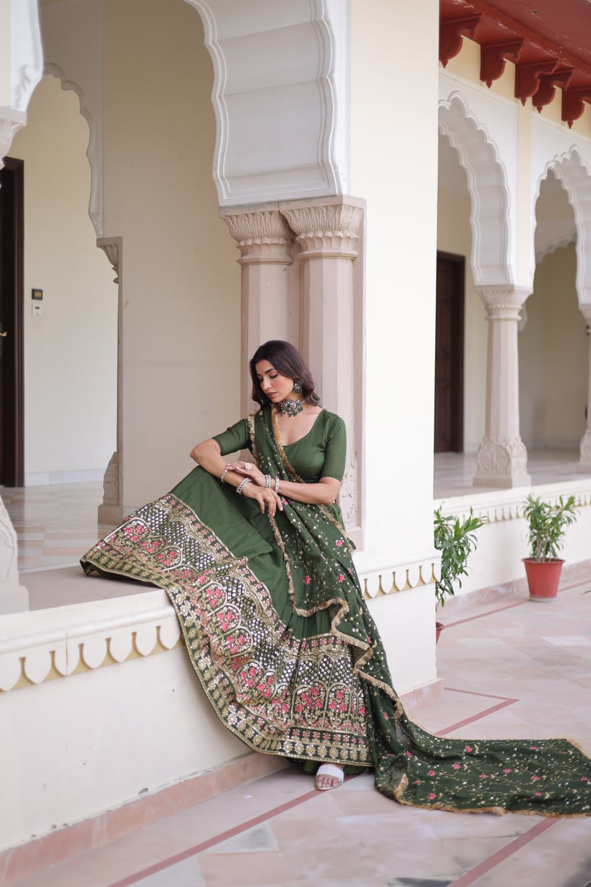 Mehendi Elegant Vichitra Silk Sequins & Thread Embroidered Lehenga Set with Designer Lace Dupatta – Stitched 3-Meter Flair Lehenga & Unstitched Blouse