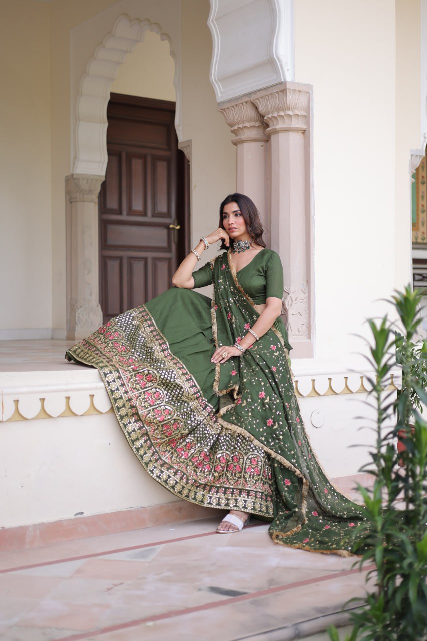 Mehendi Elegant Vichitra Silk Sequins & Thread Embroidered Lehenga Set with Designer Lace Dupatta – Stitched 3-Meter Flair Lehenga & Unstitched Blouse
