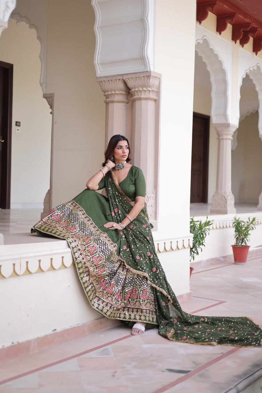 Mehendi Elegant Vichitra Silk Sequins & Thread Embroidered Lehenga Set with Designer Lace Dupatta – Stitched 3-Meter Flair Lehenga & Unstitched Blouse