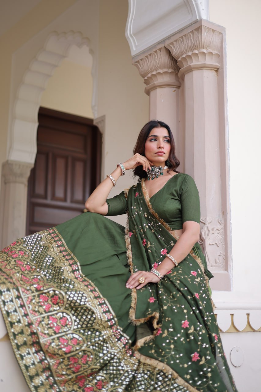Mehendi Elegant Vichitra Silk Sequins & Thread Embroidered Lehenga Set with Designer Lace Dupatta – Stitched 3-Meter Flair Lehenga & Unstitched Blouse